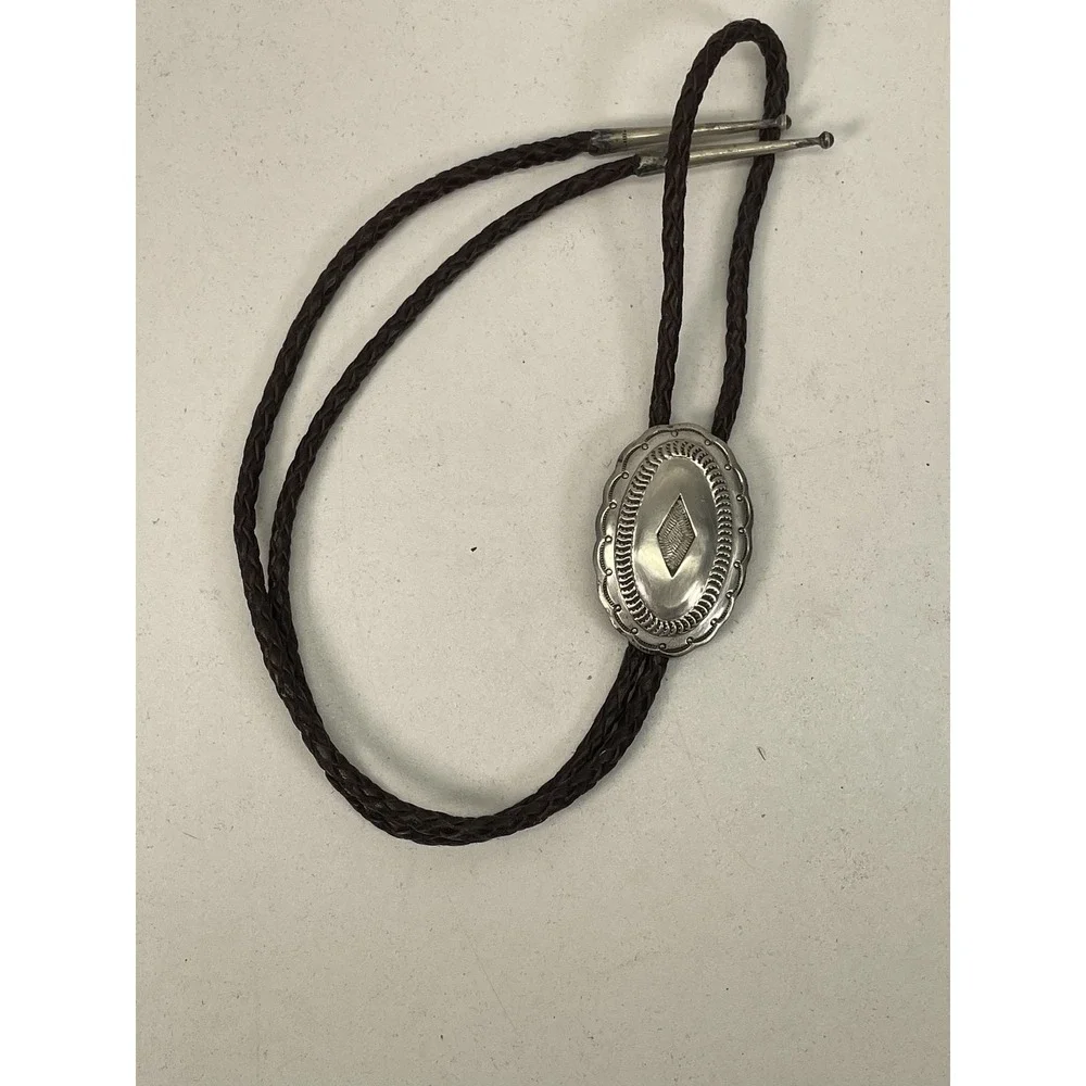 Southwestern Oval Bolo Tie Silver Tone Brown Leather Adjustable 19.5in Men